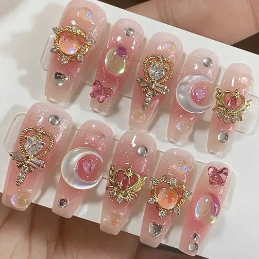 Luxury Pink Long Coffin  Nails